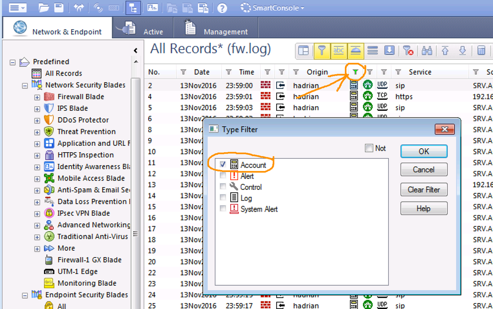 Screenshot of SmartView Tracker with accounting filter