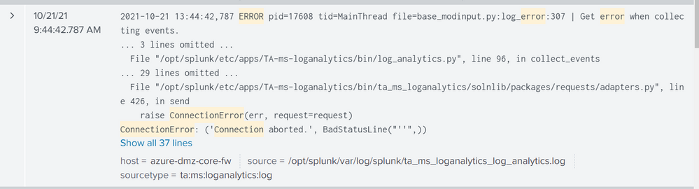 splunk log analytics error.PNG