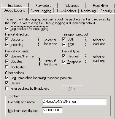 DNS properties trace log config