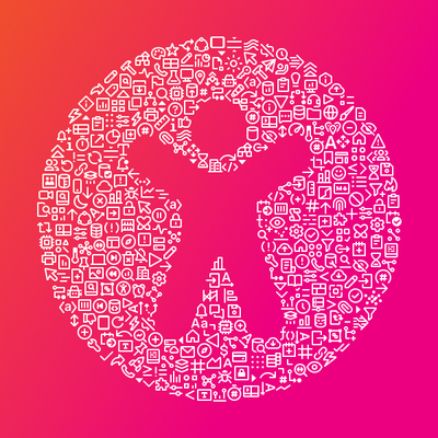 A circular graphic composed of numerous small white outline symbols, forming a prominent human stick figure shape in the center, against an orange and pink gradient background
