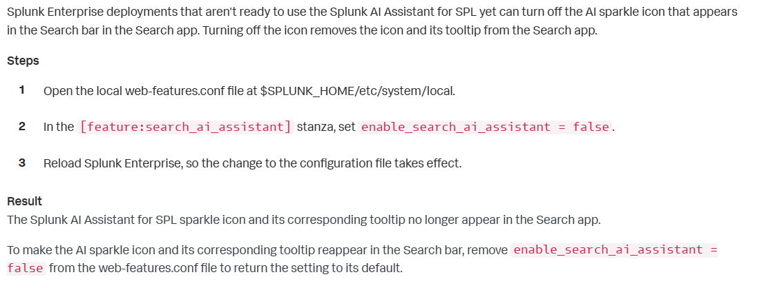 Solved: Remove button for AI Assistant in Splunk Enterpris... - Splunk ...