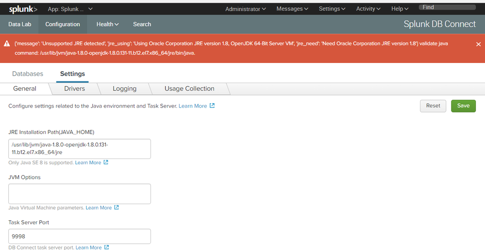 Warning/Error message about JRE - Splunk DB Connect Configuration