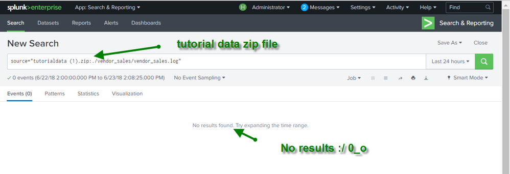 No results in a search for the vendor_sales.log in the tutorialdata.zip file. Error detected.