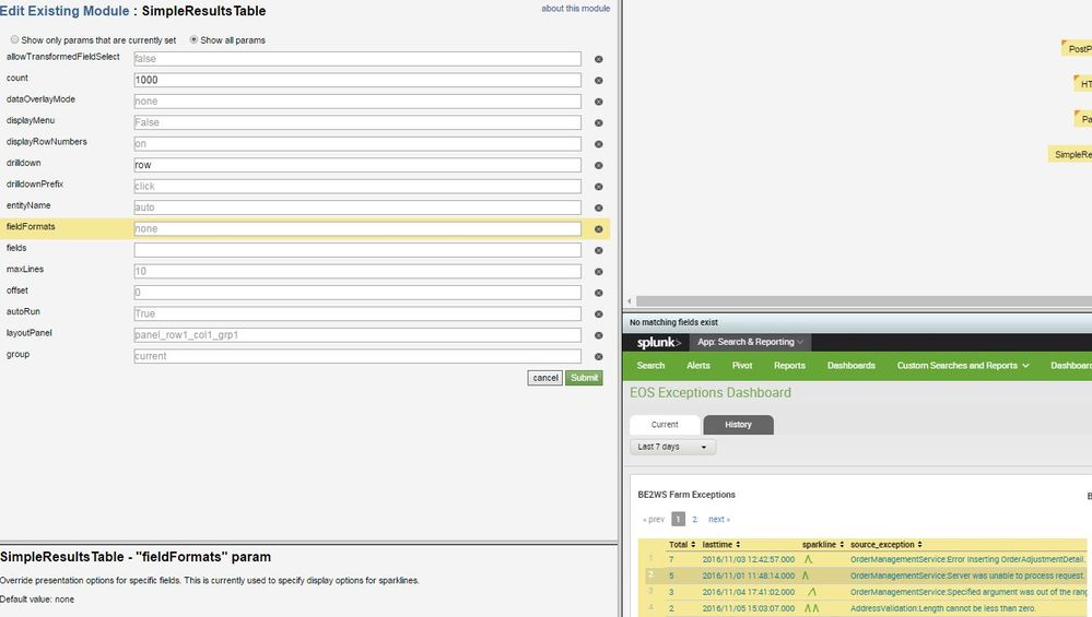 I&#39;ve added &#39;row&#39; for the drilldown parameter in my simpleresultstable and it highlights the field but I&#39;m not quite understanding how to further investigate (when I click on my exception message or row) to give me more information about th